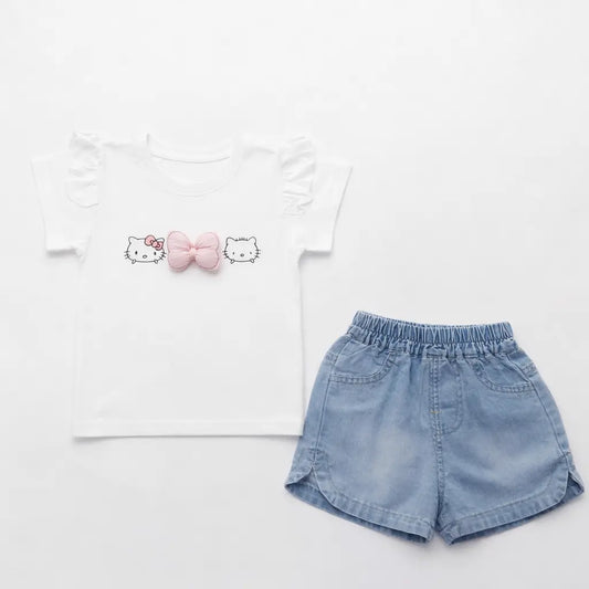 Hello Kitty Flutter-Sleeve T-Shirt & Denim Shorts (White) – 1 to 5Y pair
