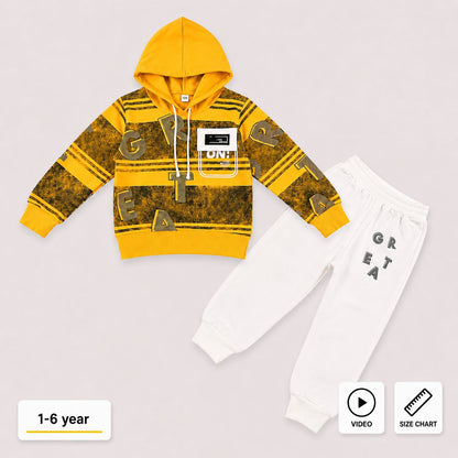 A children's two-piece clothing set featuring a yellow and black patterned hoodie with white drawstrings and white sweatpants, displayed on a light gray background with age and feature icons.