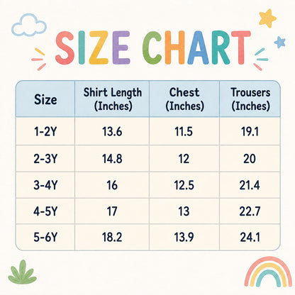 A colorful size chart graphic with the title 'SIZE CHART' in multicolored letters. Below, a table lists sizes 1-2Y through 5-6Y with corresponding shirt length, chest, and trousers measurements in inches.