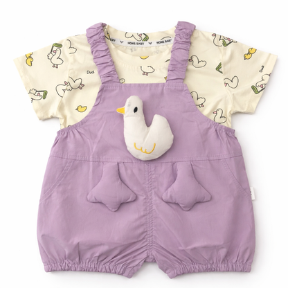 Imported Duck Print Dungaree Purple Romper Set 6M TO 4Y