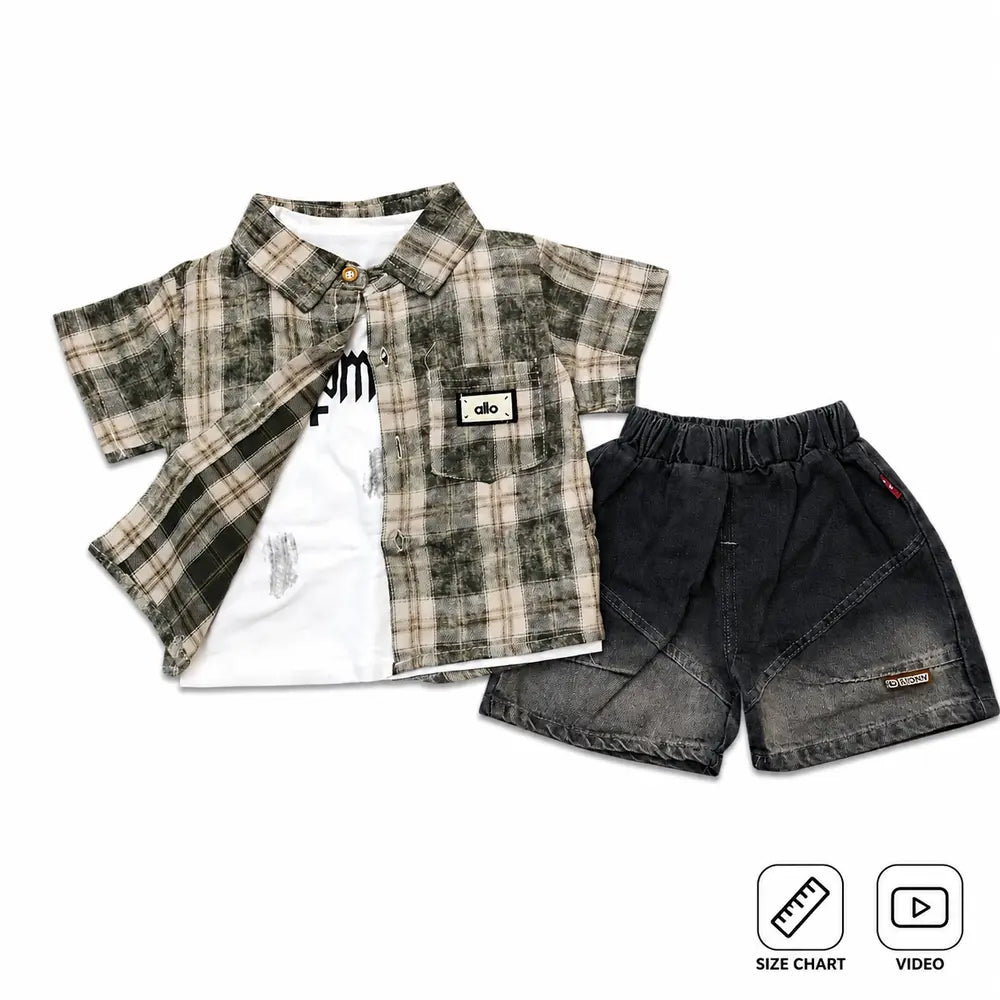 Imported 3Pc Casual Check T Shirt & Denim Shorts 6M to 5Y