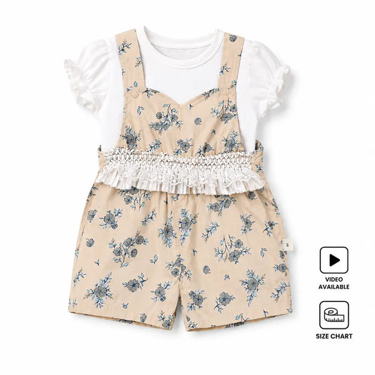 Imported Floral Suspender Romper Set Puff Sleeve 6M to 3Y