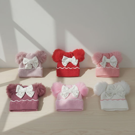 Imported Knitted Cap Fur Ears & Pearl Bow (6M-24M)