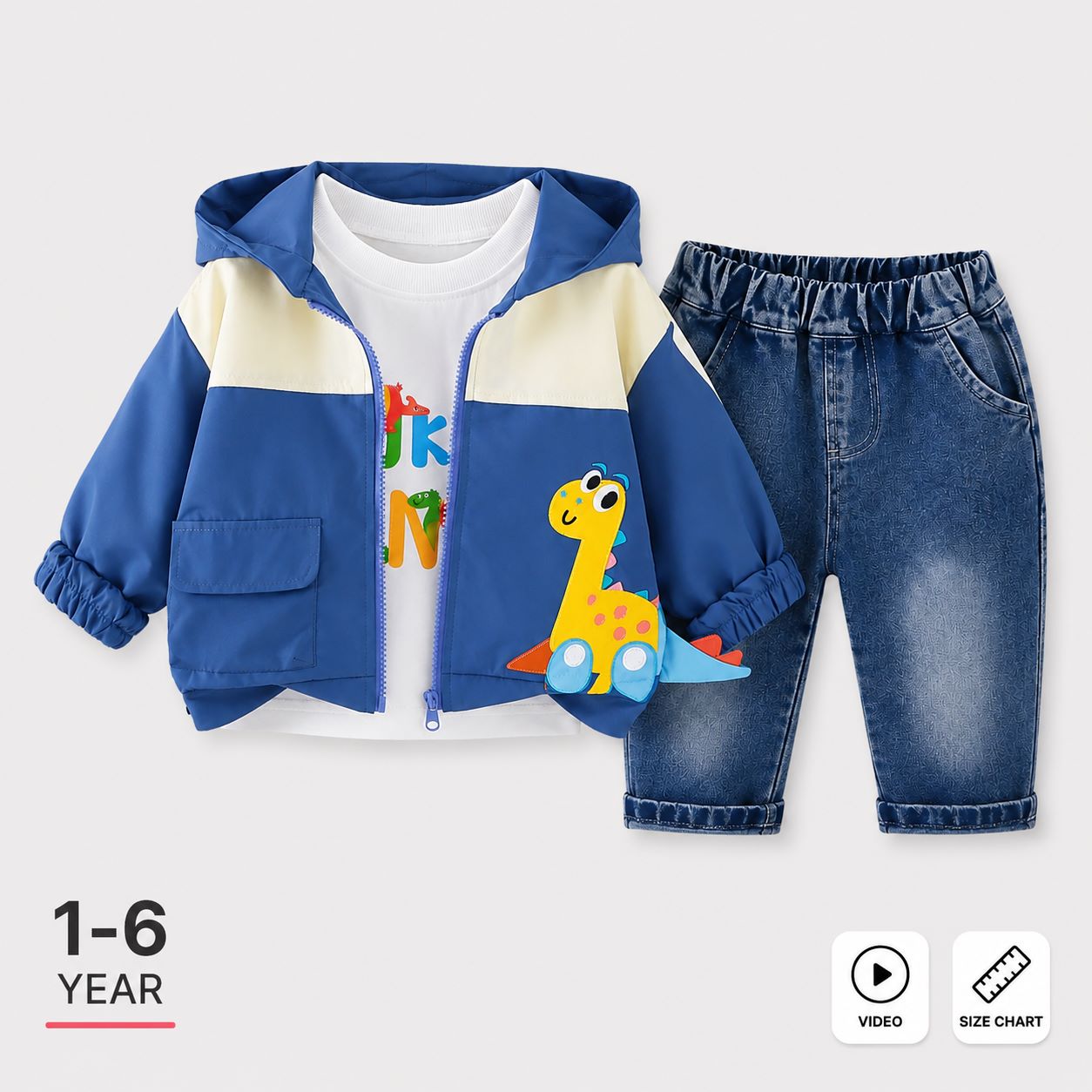 A children's two-piece outfit set featuring a blue and cream hooded zip-up jacket with a cartoon dinosaur graphic, paired with blue denim shorts. The set is displayed on a light gray background with text indicating '1-6 YEAR' and icons for video and size chart.