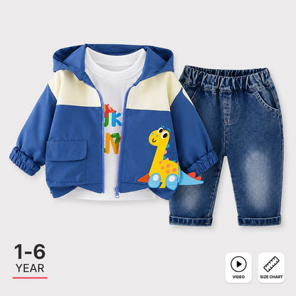 A children's two-piece outfit set featuring a blue and cream hooded zip-up jacket with a cartoon dinosaur graphic, paired with blue denim shorts. The set is displayed on a light gray background with text indicating '1-6 YEAR' and icons for video and size chart.