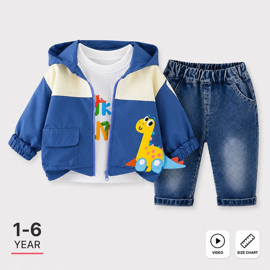 A children's two-piece outfit set featuring a blue and cream hooded zip-up jacket with a cartoon dinosaur graphic, paired with blue denim shorts. The set is displayed on a light gray background with text indicating '1-6 YEAR' and icons for video and size chart.