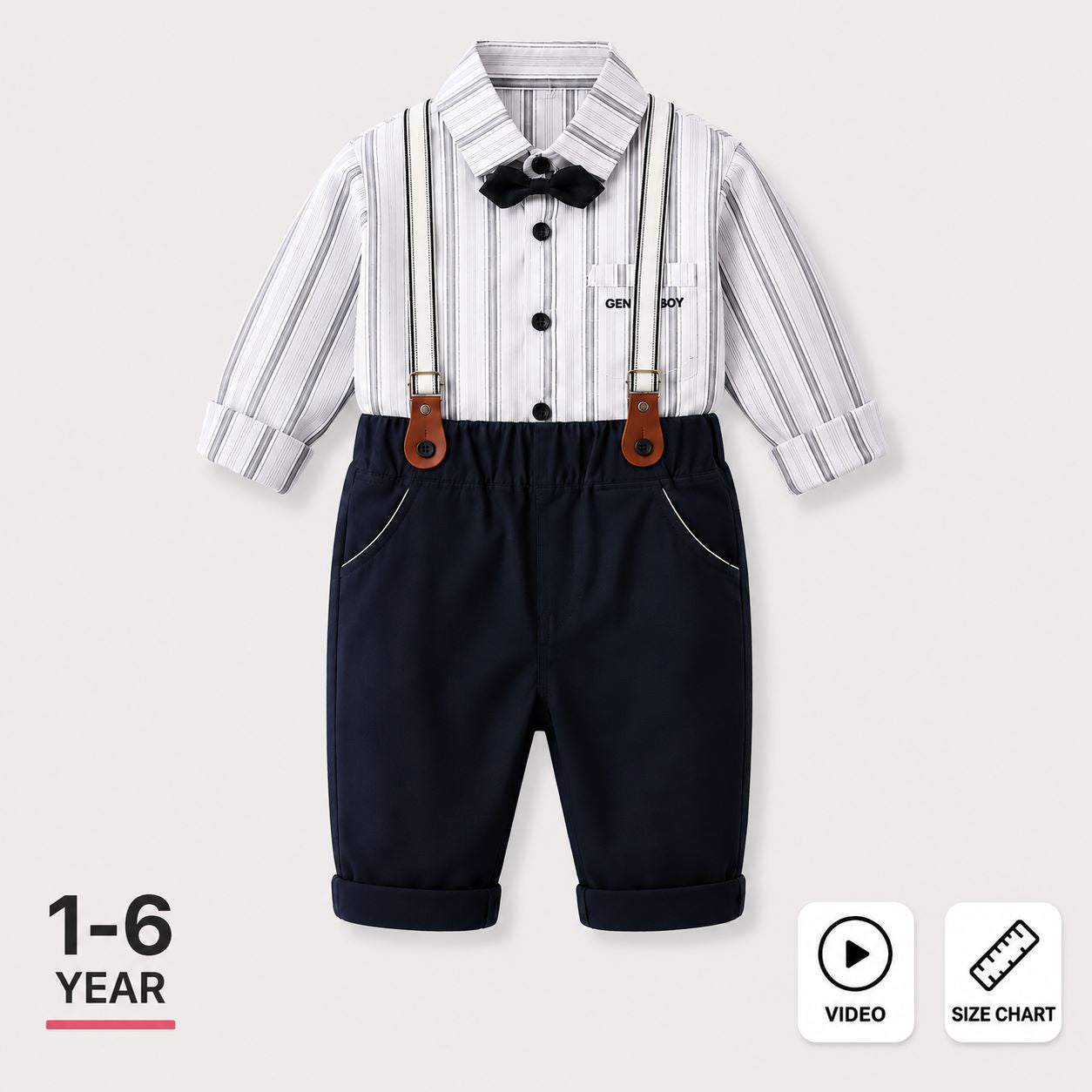 A baby boy's two-piece clothing set featuring a white long-sleeve shirt with thin gray vertical stripes, a black bow tie, and navy blue shorts with beige suspenders. The set is displayed on a light gray background with '1-6 YEAR' text and 'VIDEO' and 'SIZE CHART' icons at the bottom.