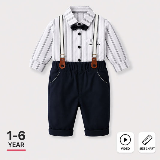 A baby boy's two-piece clothing set featuring a white long-sleeve shirt with thin gray vertical stripes, a black bow tie, and navy blue shorts with beige suspenders. The set is displayed on a light gray background with '1-6 YEAR' text and 'VIDEO' and 'SIZE CHART' icons at the bottom.