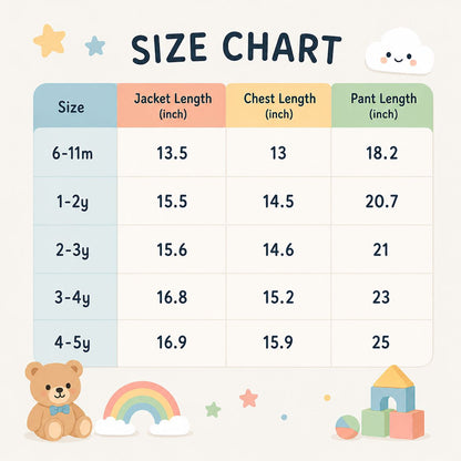 A children's size chart graphic with a table showing jacket, chest, and pant lengths by age groups. The chart has pastel blue, peach, yellow, and green headers and is decorated with a teddy bear, rainbow, clouds, stars, and toy blocks on a light cream background.