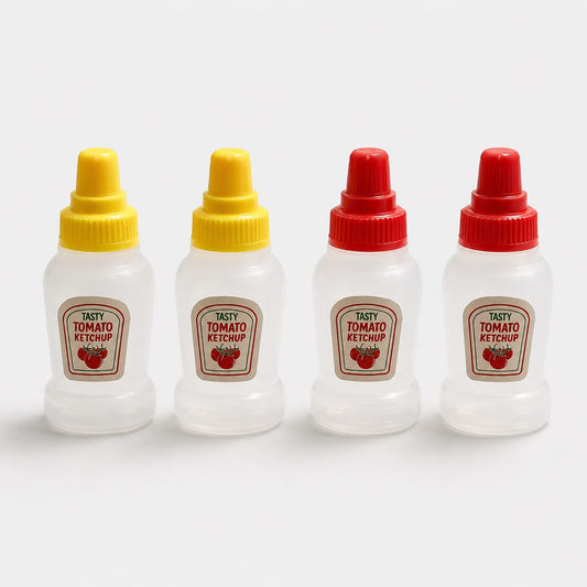 Four miniature plastic ketchup bottles arranged in a row on a light gray background. Two bottles have yellow caps and two have red caps, all with vintage-style labels reading 'TASTY TOMATO KETCHUP'.