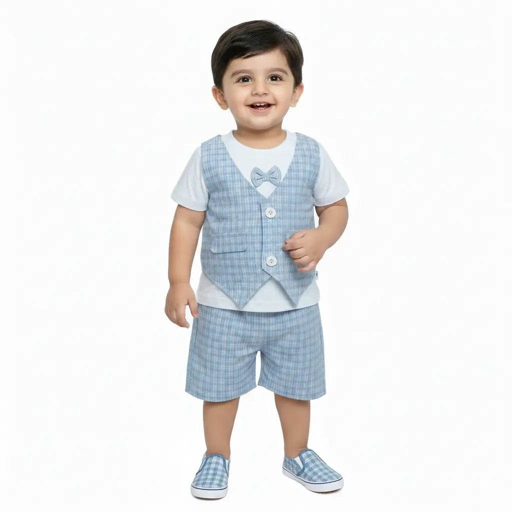 Light Blue Plaid Waistcoat 2-Piece Outfit – Pockets – 1 to 5Y