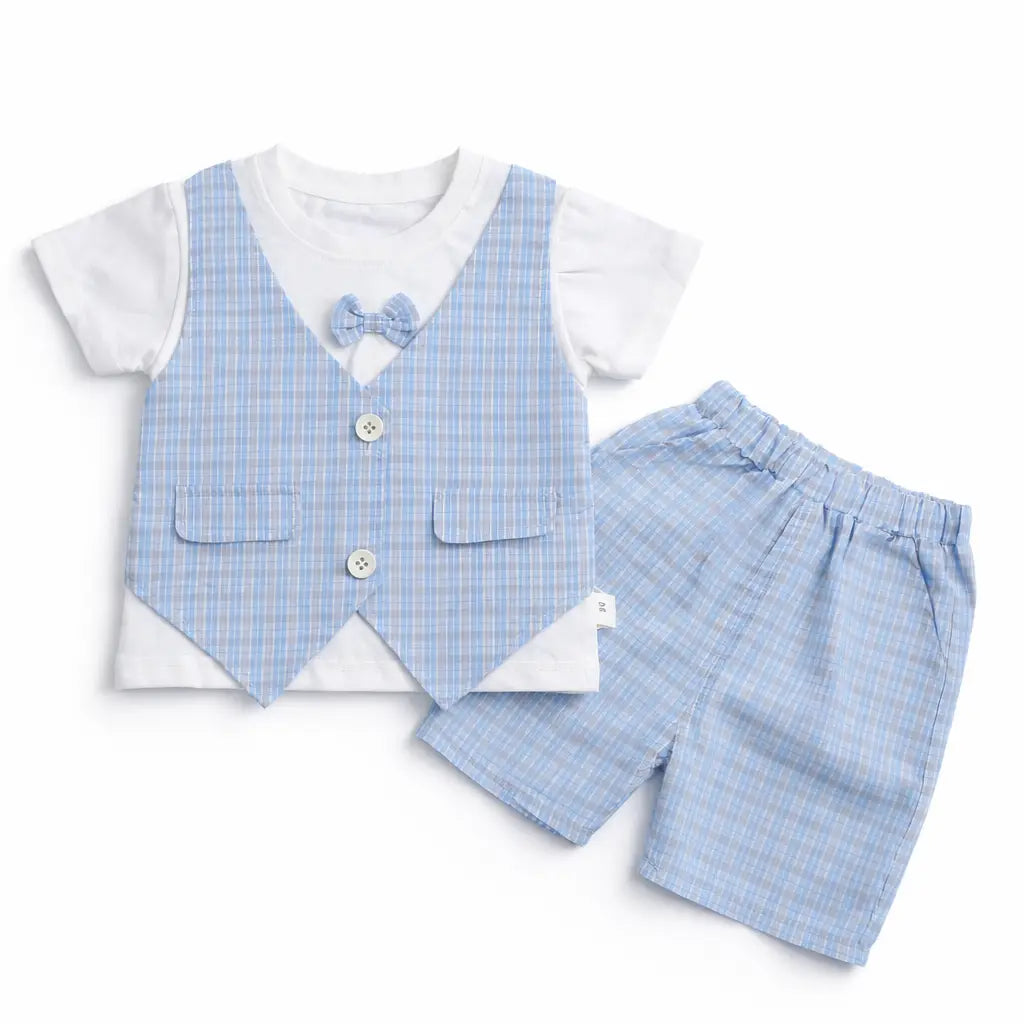 Light Blue Plaid Waistcoat 2-Piece Outfit – Pockets – 1 to 5Y