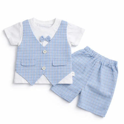 Light Blue Plaid Waistcoat 2-Piece Outfit – Pockets – 1 to 5Y