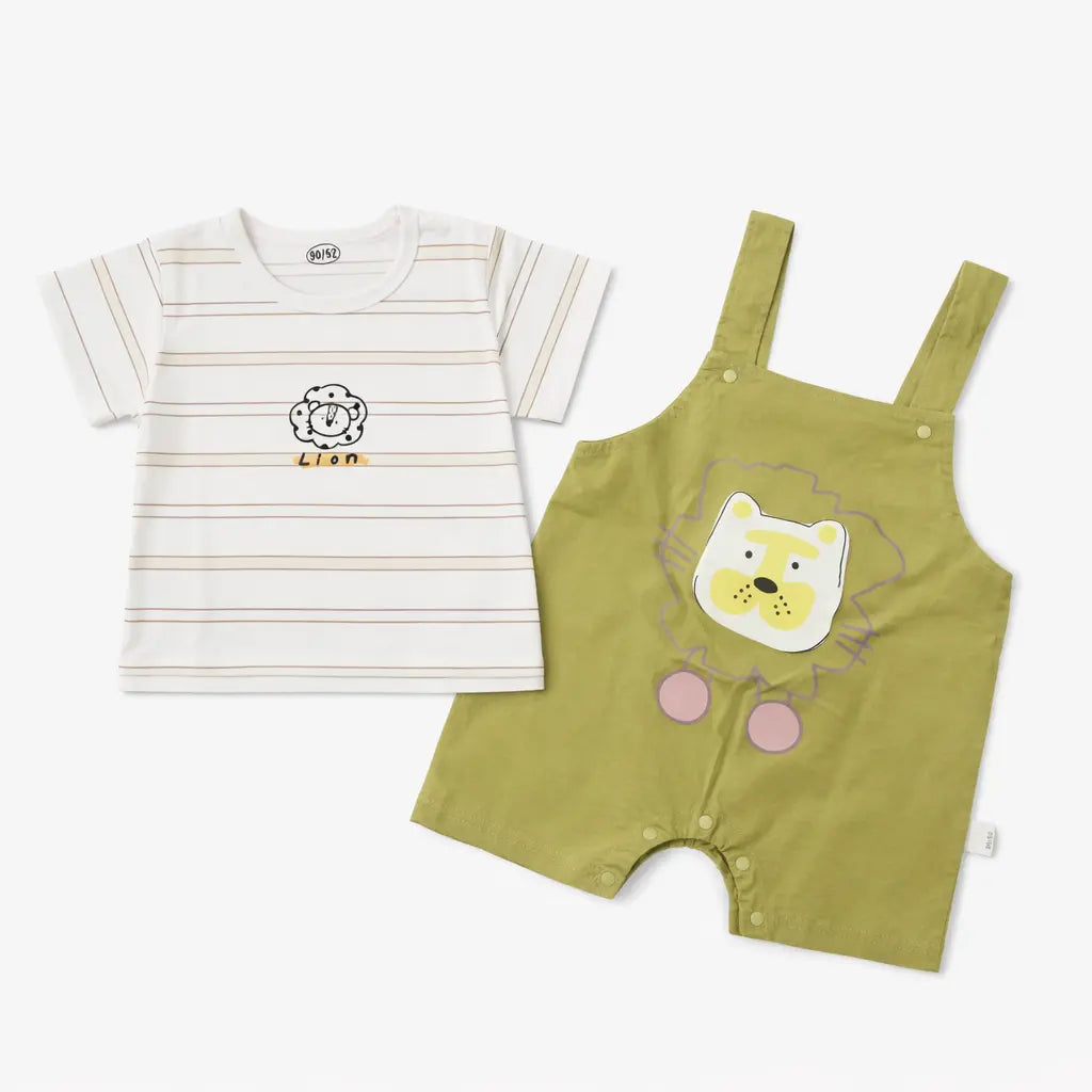 Lion Patch Dungaree Romper & Striped T-Shirt (Imported) – 12M to 3Y