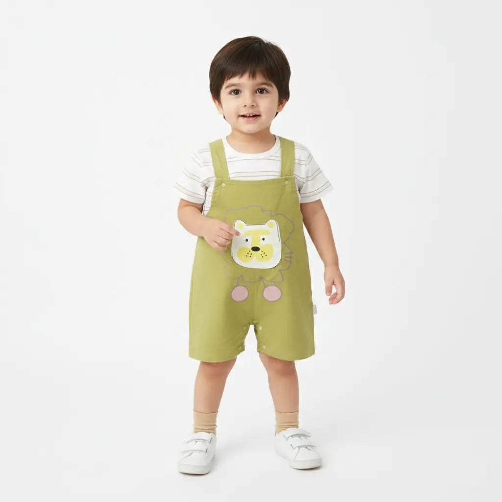 Lion Patch Dungaree Romper & Striped T-Shirt (Imported) – 12M to 3Y