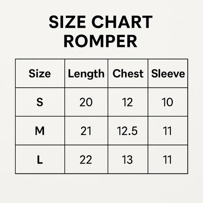 A size chart table for a romper, showing sizes S, M, and L with corresponding length, chest, and sleeve measurements on a light gray background.