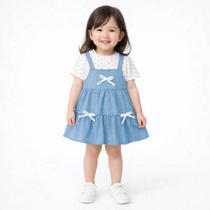 Polka Dot Denim Pinafore Dress Set – 1 TO 6Y