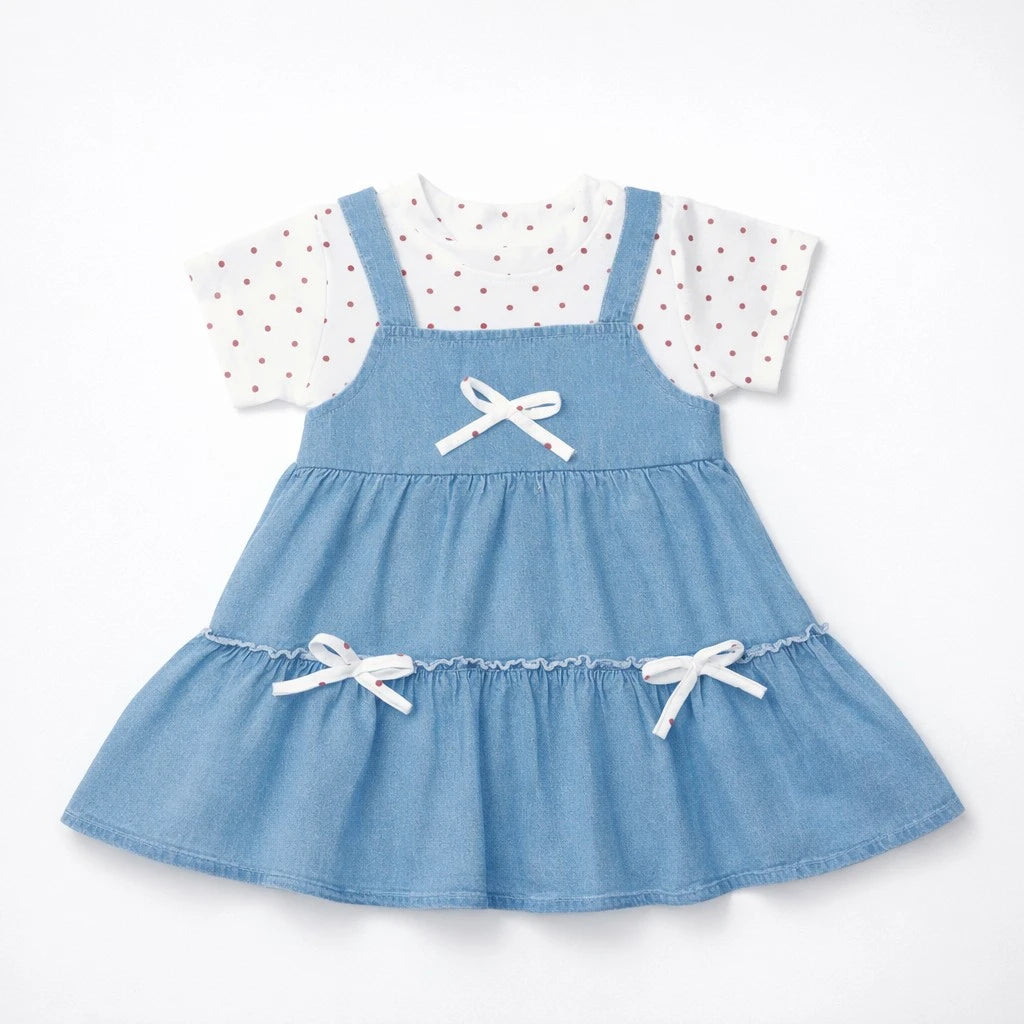 Polka Dot Denim Pinafore Dress Set – 1 TO 6Y
