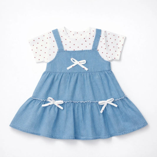 Polka Dot Denim Pinafore Dress Set – 1 TO 6Y