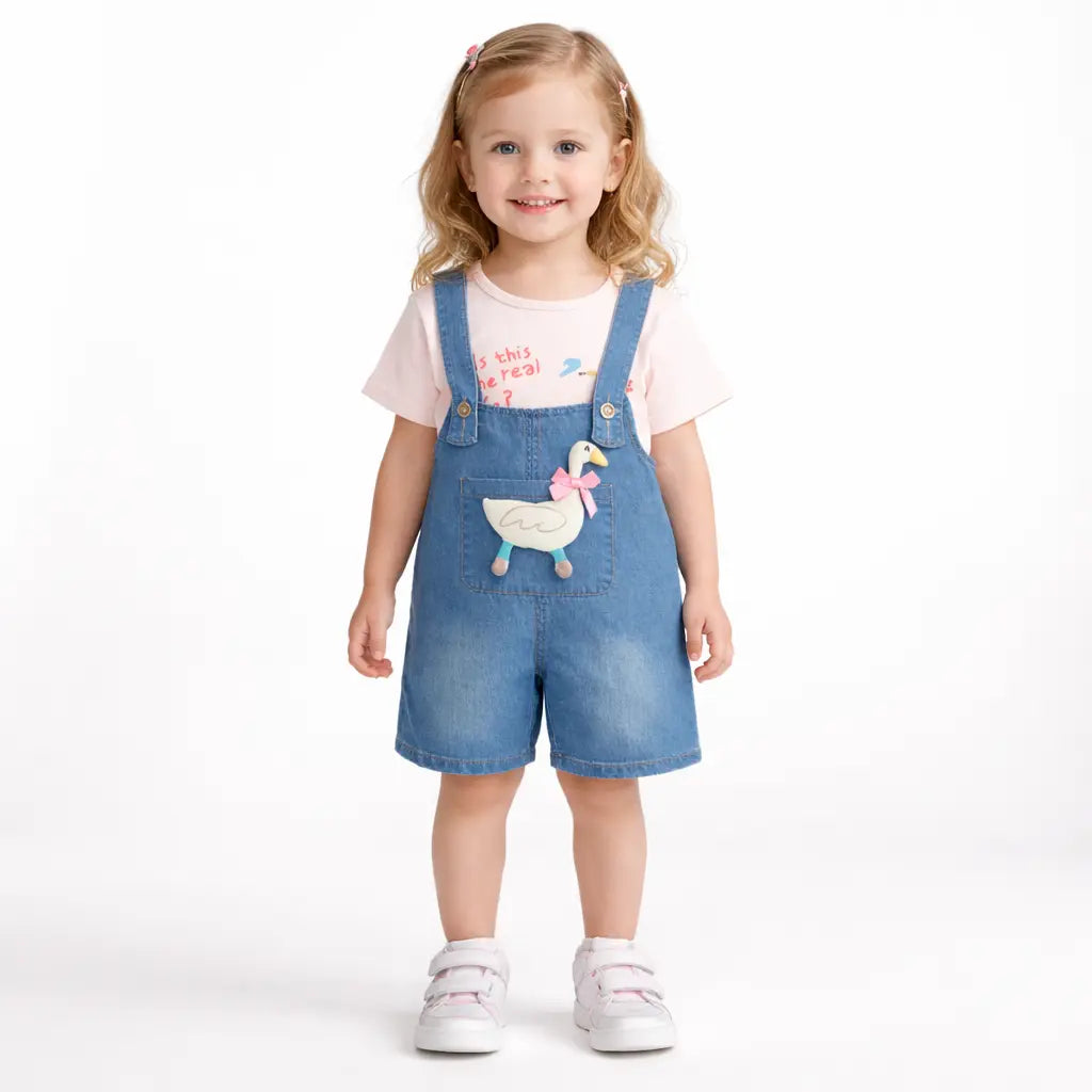 T-Shirt & Denim Dungaree Shorts Outfit Set (Imported) – 1 to 5Y how it looks