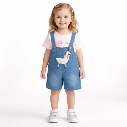 T-Shirt & Denim Dungaree Shorts Outfit Set (Imported) – 1 to 5Y how it looks