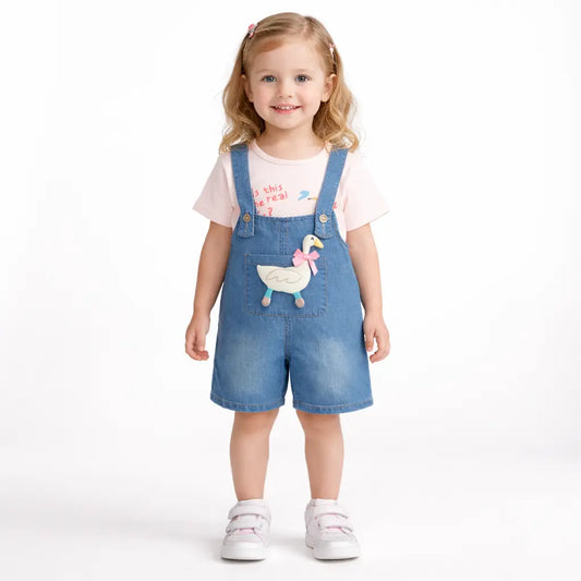 T-Shirt & Denim Dungaree Shorts Outfit Set (Imported) – 1 to 5Y how it looks