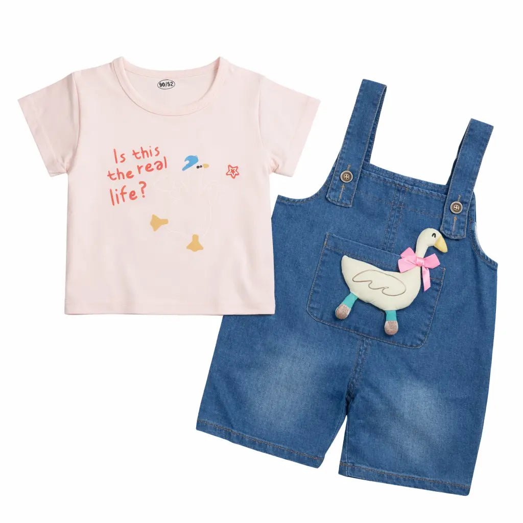 T-Shirt & Denim Dungaree Shorts Outfit Set (Imported) – 1 to 5Y pair