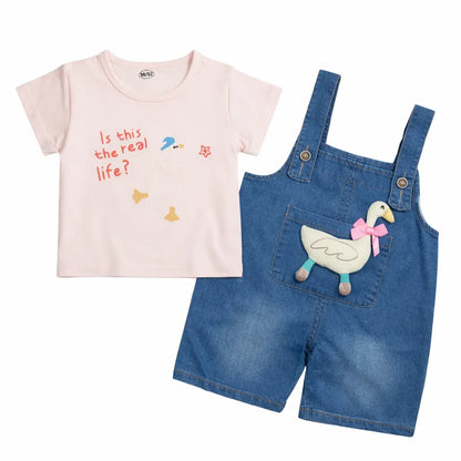 T-Shirt & Denim Dungaree Shorts Outfit Set (Imported) – 1 to 5Y pair