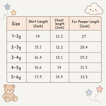 A size chart table for a baby fur pommer jacket, showing measurements in inches for sizes 1-2y to 5-6y. The table includes columns for Size, Shirt Length (Inch), Chest length (Inch), and Fur Pomper Length (Inch).