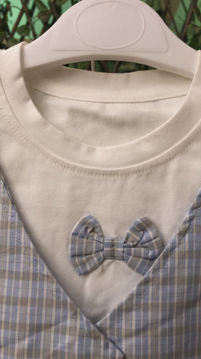 Light Blue Plaid Waistcoat 2-Piece Outfit – Pockets – 1 to 5Y
