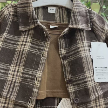 Girls Plaid Shacket Cami & Flare Denim 3 Piece Set original product video and fabric closeups