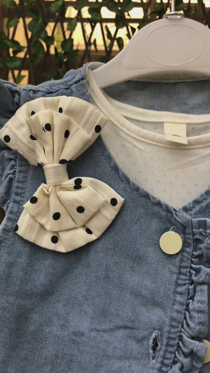 3 Pc Polka Dot Dress Denim Jacket Frock and Tights 12M to 5Y