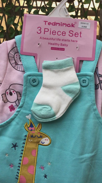 3 Piece Giraffe Romper Set T Shirt Dungaree & Socks 3 to 9M