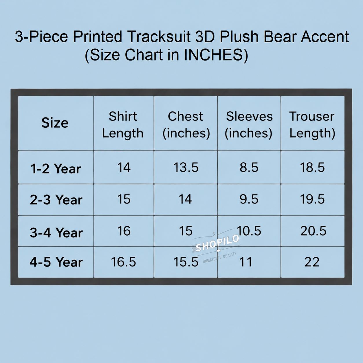 A size chart table for a 3-piece printed tracksuit plush bear accent, showing measurements in inches for shirt length, chest, sleeves, and trouser length by age group from 1-2 years to 4-5 years, on a light blue background.