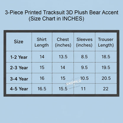 A size chart table for a 3-piece printed tracksuit plush bear accent, showing measurements in inches for shirt length, chest, sleeves, and trouser length by age group from 1-2 years to 4-5 years, on a light blue background.