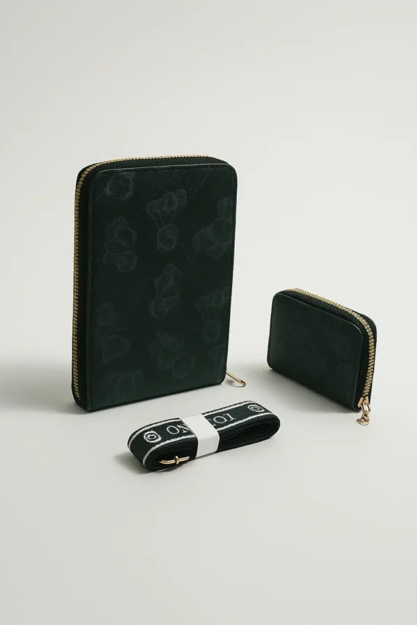1. Ladies Zip Around Wallet Comes with Long Strap Mini Pocket Size Wallet three parts black color