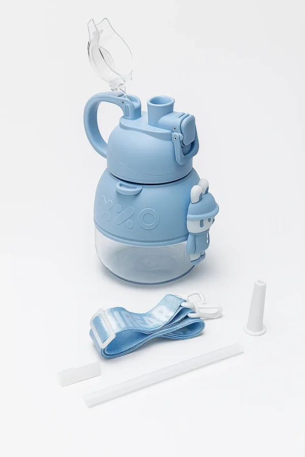 1000 ml - High Quality Imported Kids School Water Bottle - Straw, Extension & Strap – Leakproof, BPA light blue color with accessories