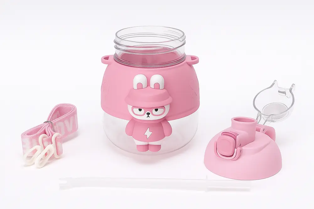 1000 ml - High Quality Imported Kids School Water Bottle - Straw, Extension & Strap – Leakproof, BPA light pink color lid and cap
