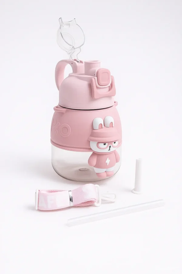 1000 ml - High Quality Imported Kids School Water Bottle - Straw, Extension & Strap – Leakproof, BPA light pink color with accessories