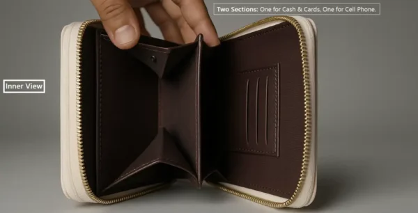 2. Ladies Zip Around Wallet Comes with Long Strap Mini Pocket Size Wallet Inner view two sections one for cards and cash and other for mobile phone
