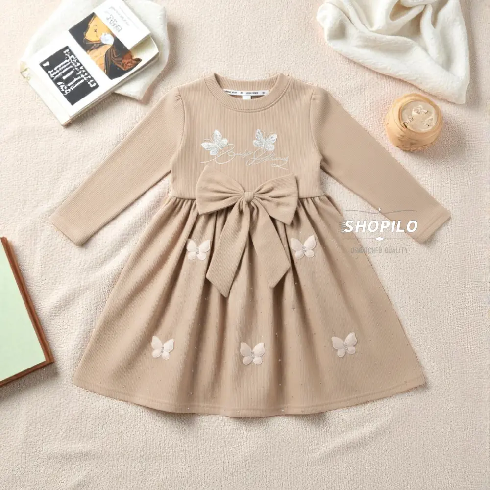 1 Adorable Cotton Blend Frock & Party Dress for Girls – Knee Length - 4 Sizes Beige