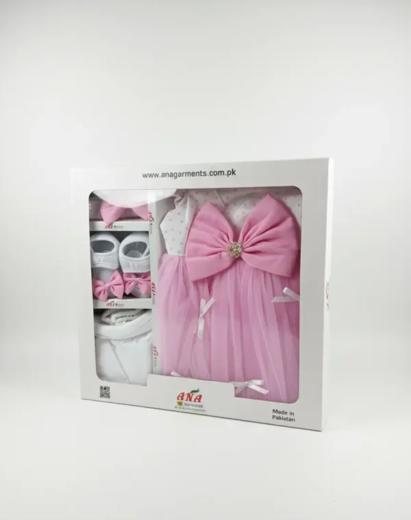 1 Baby Girl Pink Party Dress Newborn to Infant Gift Box 5 pieces 1 size only box view