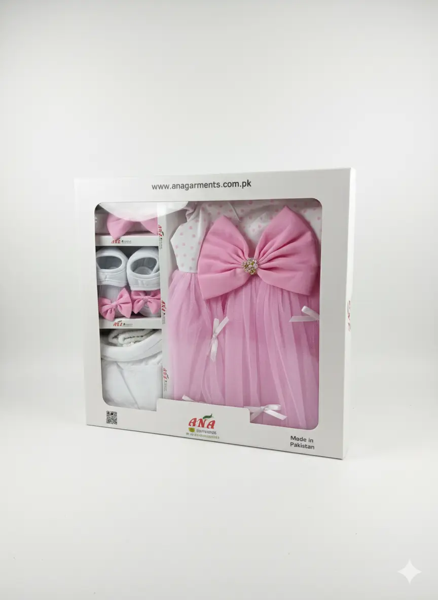 1 Baby Girl Pink Party Dress Newborn to Infant Gift Box 5 pieces 1 size only box view