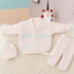 1 Handmade Knitted Baby Outfit 3-Piece Set – Sweater, Pants & Cap (Soft Pink) full set