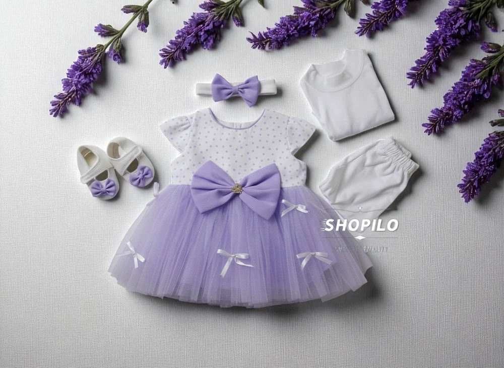 1 Newborn Gift Box – Baby Girl Light Purple Party Dress front image