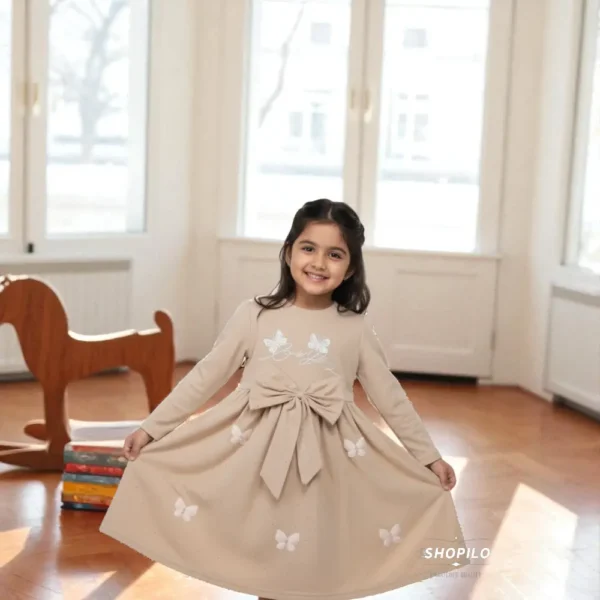 2 Adorable Cotton Blend Frock & Party Dress for Girls – Knee Length - 4 Sizes Beige how it looks 4 years girl wearing and flonting