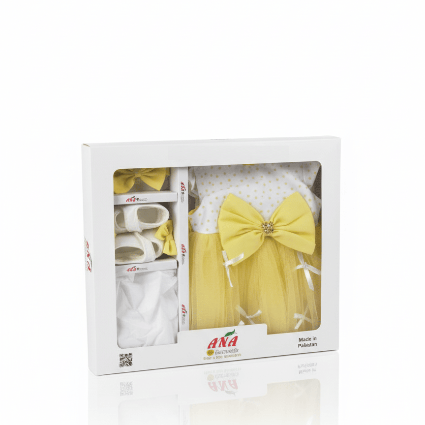 2 Baby Girl Yellow Party Dress Newborn to Infant Gift Box-view 5 pieces 2 sizes avialable
