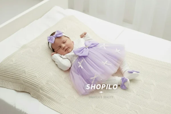 2 Newborn Gift Box – Baby Girl Light Purple Party Dress how it looks wearing