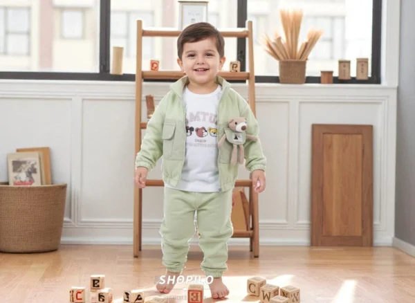 2 Piece Unisex Olive Printed Tracksuit - Adorable 3D Plush Bear Accent