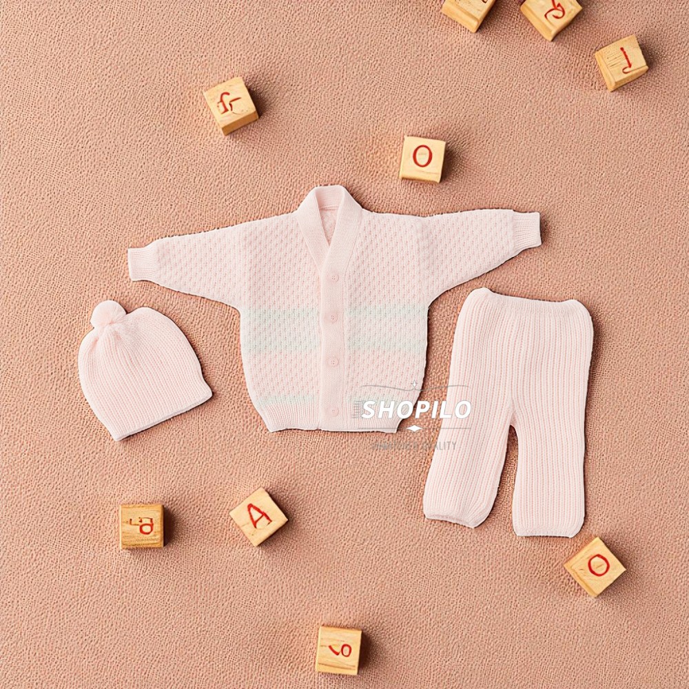 2Handmade Knitted Baby Outfit 3-Piece Set – Sweater, Pants & Cap (Soft Pink) full set